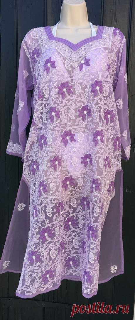 Pretty Plus Size Caftan, Boho Indian Beach Cover Embroidered on White Cotton, Resort wear Sundowner Dress, One of a kind tunic, Ethnic Embellished Kurta Kurti  This lovely lilac chiffon georgette free-flowing tunic is a fully hand-embroidered one of a kind cool beach cover which will protect you from the sun near the sea or poolside. Gorgeously feminine, it features lovely hand embroidery done with great attention to detail over 3 days. This sheer tunic is extremely comfortable and perfect fo...
