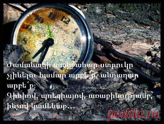 Միշտ պետք է արբած լինել։ Դա է կարևորը, միակ խնդիրը դա է։
Չզգալու համար ժամանակի զարհուրելի բեռը, որ ճնշում է ձեր ուսերն ու կորացնում ձեզ դեպի գետին, դուք պետք է արբեք անդադար։
Բայց ինչո՞վ։ Գինիով, պոեզիայով, առաքինությամբ, ինչով ուզում եք, միայն թե արբեք։
Եվ եթե երբևիցե, լինի դա պալատի աստիճանների վրա, կանաչ փոսում, թե ձեր սենյակի մռայլ մենության մեջ, դուք ուշքի գաք, զգաք, որ ձեր արբեցումն արդեն անցել է կամ անցնում է, հարցրեք քամուն, ալիքին, աստղին, թոչնին, ժամացույցին՝ այն ամենին