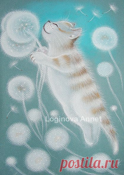 Муркин сон - кошка,котенок,одуванчики,кошка пастель,пастель,кот с одуванчиком