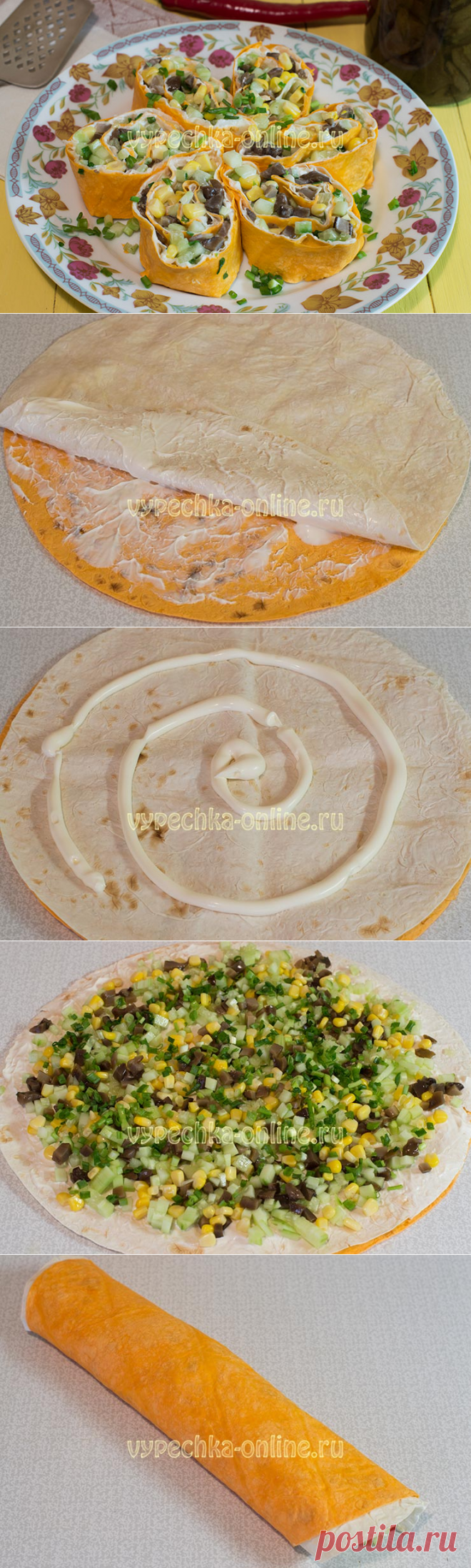 ✔️Начинка для лаваша с грибами, рулет без выпечки – рецепт с фото