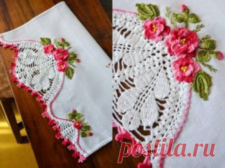 Красивая отделка салфетки крючком и вышивкой.