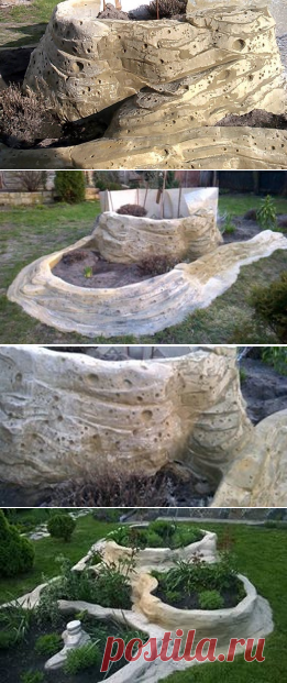 несколько фотографий в процессе создания многоуровневой бетонной клумбы. Я очень люблю камень, но в нашем регионе это дефицит, приходится покупать и привозить из Киева. Вот и родилась идея имитировать природный материал с помощью бетона. В раствор добавлен желтый пигмент и армирующее волокно. Сначала заливался не глубокий ленточный фундамент. внутри металлическая сетка, куски арматуры. Постепенно наращивала объем чередуя густой раствор и щебень. На следующий день, после со...