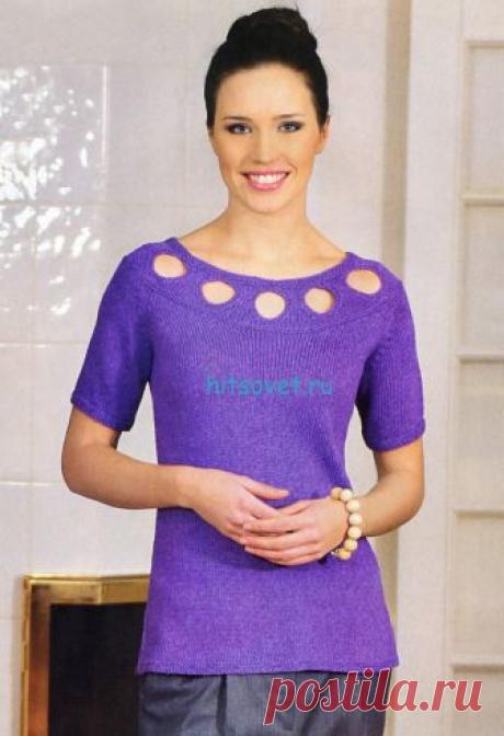 Удлинённый джемпер-реглан с крупными отверстиями на круглой кокетке. Спицами. / Хитсовет