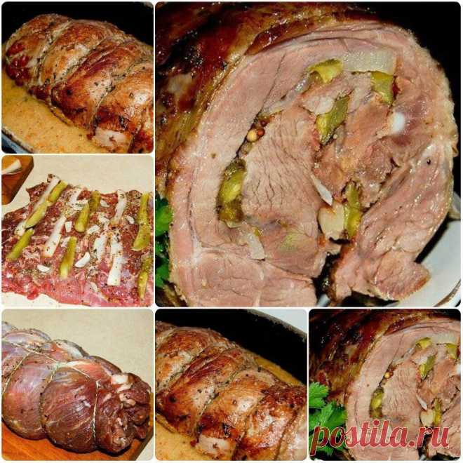 Рулет из телятины 

Рулет из шеи телёнка. 
Приготовьте мясо (нет шеи - подойдёт лопатка), несколько квашеных огурцов, кусок сала копчёного или бекона, головку чеснока. Из специй - майоран, сухая смесь сладких перцев (не паприка, а крупно раздавленный сладкий перец), горчица (я использовал с зёрнами), перец чёрный, чуть перца острого, соль. 
Замаринованное перцем и солью мясо, лежащее уже сутки в холоде, я разрезал как книгу - надрезав, не до конца. Смазал горчицей. Сало на...