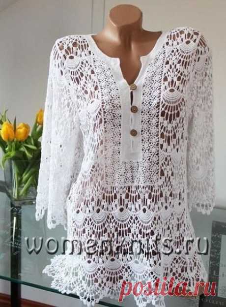 Ажурная туника крючком
Схема: https://womanknits.ru/vyazanie-dlya-zhenshchin/zhenskie-tuniki/azhurnaya-tunika-kryuchkom