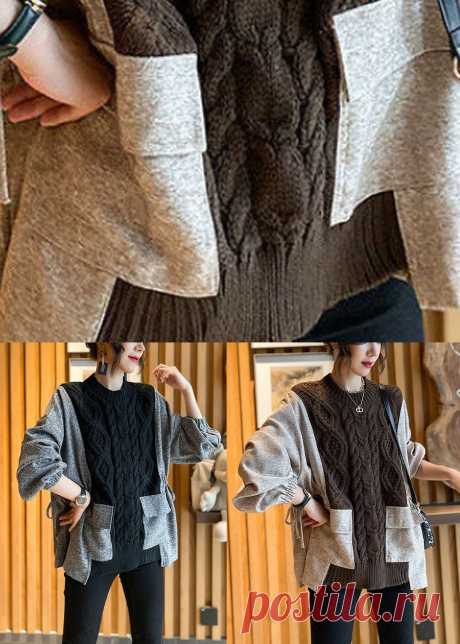 Fitted Black O-Neck Knit Patchwork Loose Fall Sweater – SooLinen