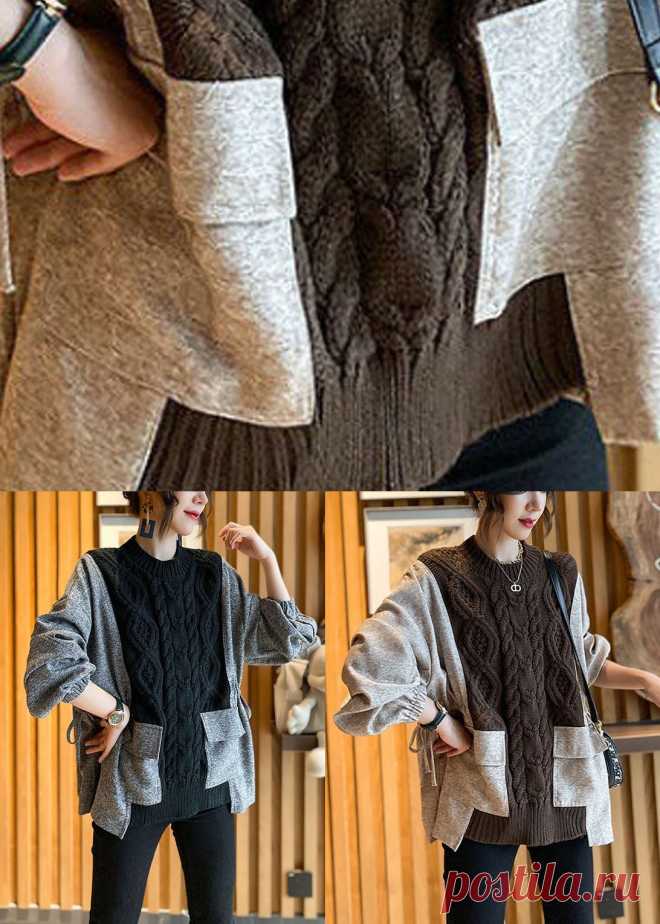 Fitted Black O-Neck Knit Patchwork Loose Fall Sweater – SooLinen