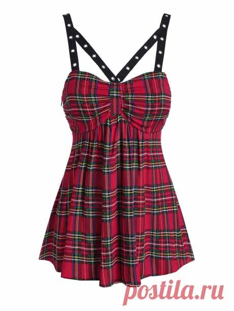 [41% OFF] 2020 Plaid Print Grommet Embellished Flare Tank Top In RED | DressLily