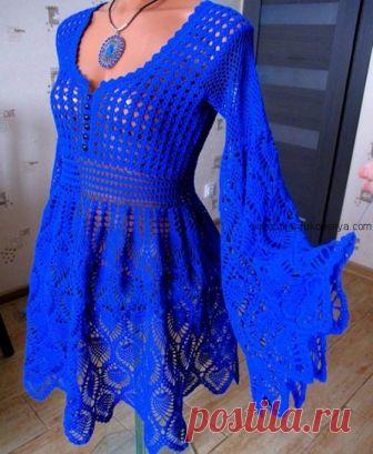 Синяя туника Синяя туника крючком с узором ананас. Ажурная туника с длинным  рукавом крючком