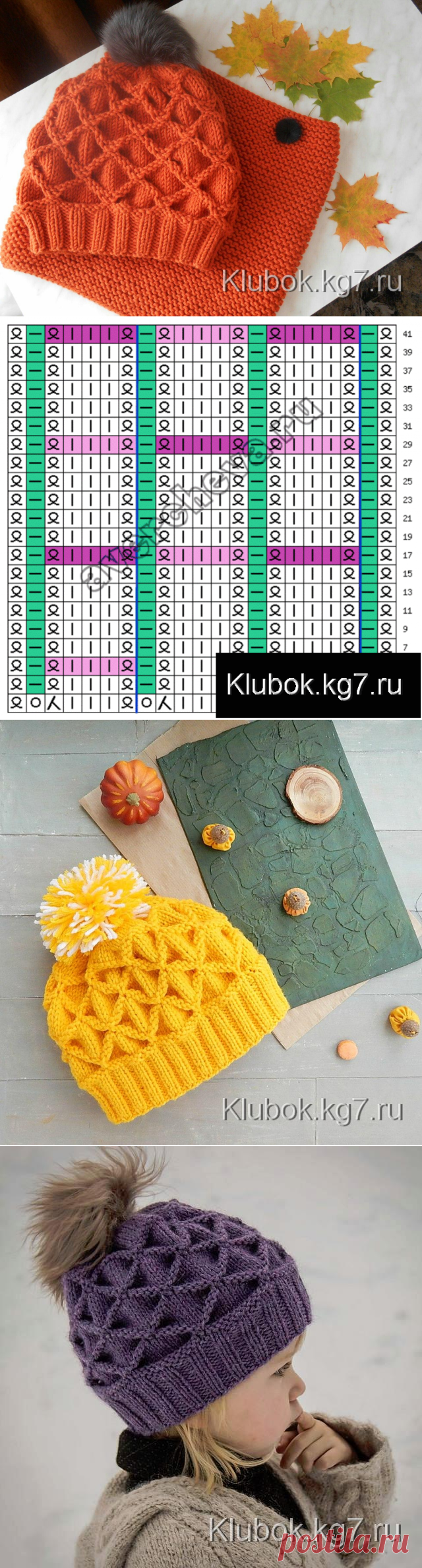 Шапочка спицами узором Клоке. | Клубок