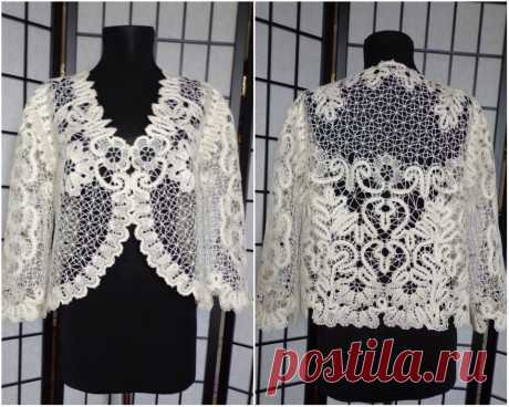 Болеро&quot;Фигаро&quot; удлиненное сплетено на коклюшках ,молочно-кремового цвета .Длина изделия- ниже талии, рукава-&quot;ниже локтя &quot; Нитка-хлопок