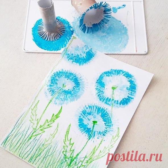 Нетрадиционные техники рисования. рисуем одуванчики картонными втулками. — Поделки с детьми