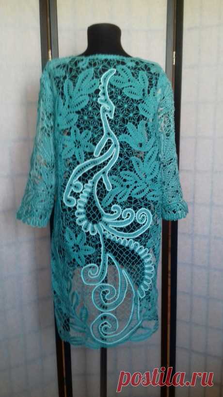 Жакет &quot;ПАВА&quot; сплетен на коклюшках.Фасон -укороченный спереди,длинный сзади.Нитки: хлопок цвета морской волны.