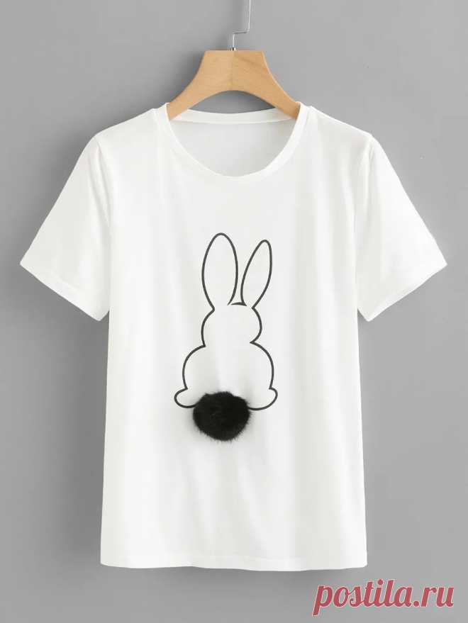 Rabbit Print Faux Fur Pompom Detail Tee | SHEIN USA