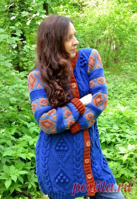 Пальто вязаное - однотонный,пальто,пальто вязаное,араны,шишечки,синий