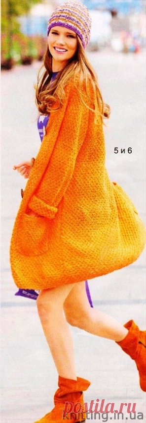 Оранжевое пальто и полосатая шапочка спицами - Пуговка - вязание спицами и крючком для всех