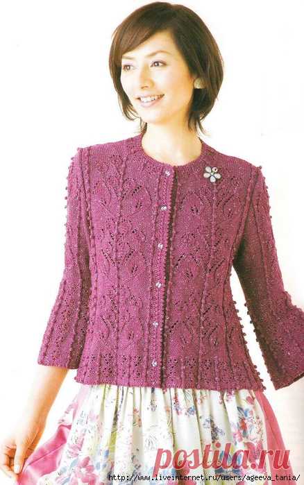 Розовый жакет спицами.