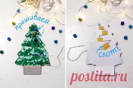 Наряжаем новогоднюю елку — с помощью иголки и нитки, протыкая картон, закрепляем на елке украшения. Это могут быть мелкие бубенчики, бусины, пуговицы. Если ничего подходящего нет, украшения можно просто нарисовать. С обратной стороны удобно закрепить нитку скотчем.