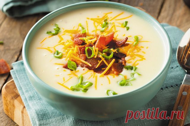 ВКУСНЫЙ СУП С ЗАПЕЧЁНЫМ КАРТОФЕЛЕМ И БЕКОНОМ  
Ингредиенты (7 порции)
Картофель - 0.6 гКуриный бульон - 400 млСливки 20% - 400 млМука - 1 ст.л.Сливочное масло - 50 глук репчатый - 1 шт.Бекон - 4 пласт.Зеленый лук - По вкусуПерец черный молотый -…
