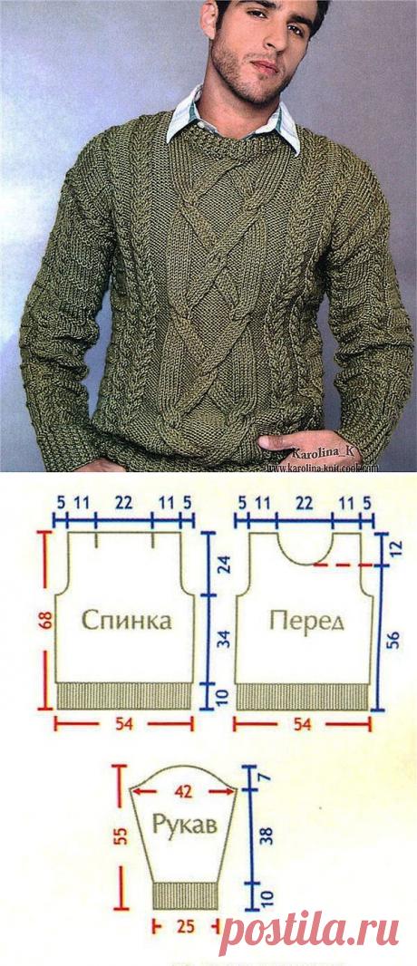 Элегантный пуловер оливкового цвета вязанный спицами