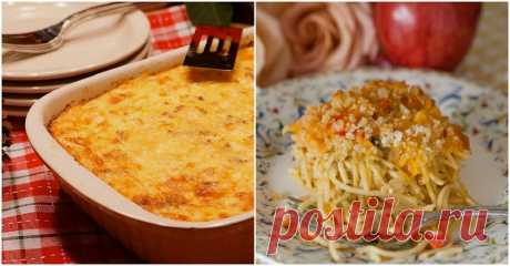 Ужин: запеканка с курицей, спагетти и грибами