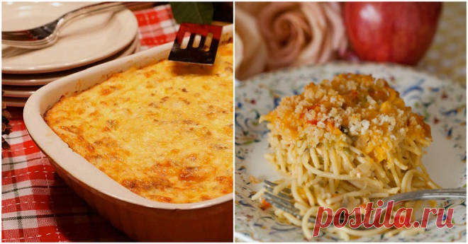 Ужин: запеканка с курицей, спагетти и грибами