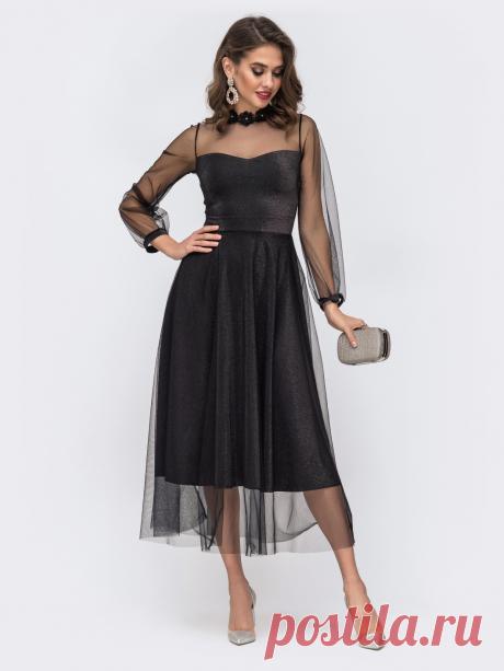 Расклешенное платье с блестящим напылением и фатином чёрное 42838 – купить в Киеве, Украине в розницу | цены интернет-магазина Dressa