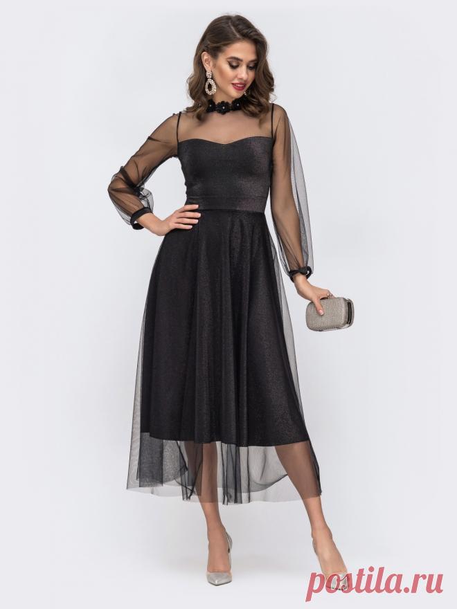 Расклешенное платье с блестящим напылением и фатином чёрное 42838 – купить в Киеве, Украине в розницу | цены интернет-магазина Dressa