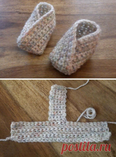 Очень простая идея для вязаных пинеток.
Вяжем полотно, а затем связываем сверху внахлест.