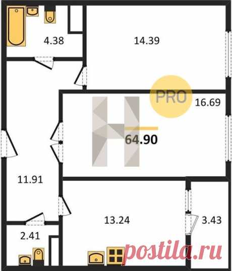 2 ккв. 64,90 м2 в Самоцветы 1 оч. корп. 2 секция 1