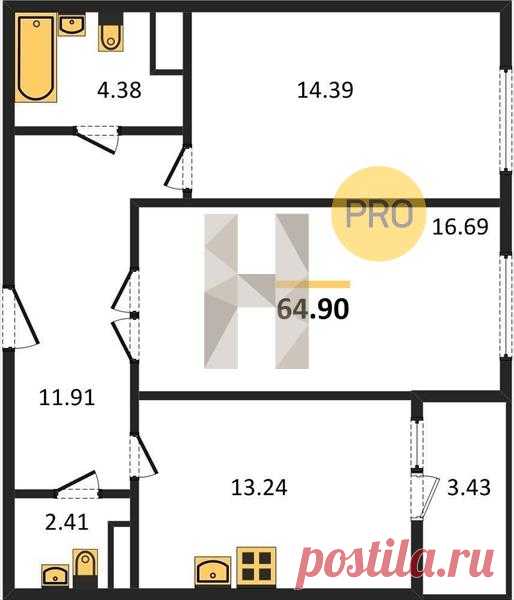 2 ккв. 64,90 м2 в Самоцветы 1 оч. корп. 2 секция 1