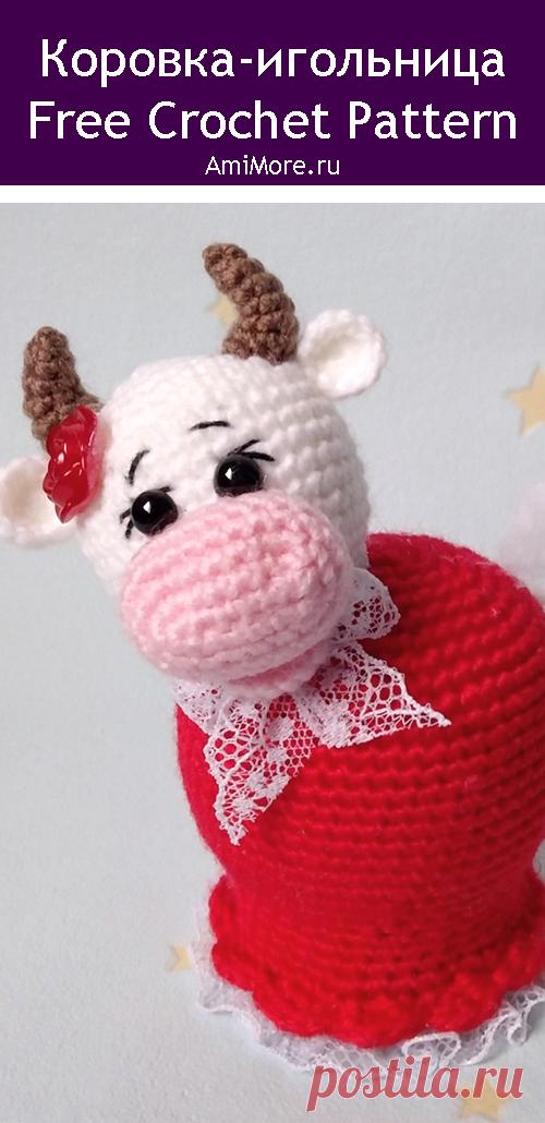 PDF Коровка-игольница крючком. FREE crochet pattern; Аmigurumi animal patterns. Амигуруми схемы и описания на русском. Вязаные игрушки и поделки своими руками #amimore - корова, маленькая коровка, телёнок, бык, бычок.