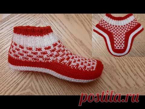 Новогодние тапочки-следки на двух спицах без швов  // patik modelleri