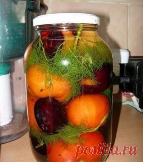 Помидоры с синими сливами - находка зимой

Давно пробовал такие помидоры. Взял даже рецептик. Но все время как - то было не этого!
А время сейчас именно то, когда помидоры и сливы ломятся на прилавках!
В помидорах, консервированных с синими сливами, получается весьма приятный маринад, вкусные помидоры с нежным ароматом слив.

Рассол настолько вкусный, малосоленый, что его можно пить вместо компота. Даже нарезанные кусочки моркови съедались с большим аппетитом.

ИНГРЕДИЕНТЫ...