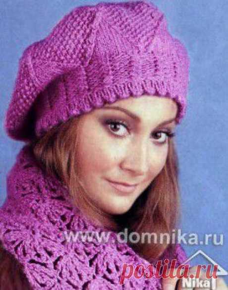 Розовый берет. Вязание спицами.