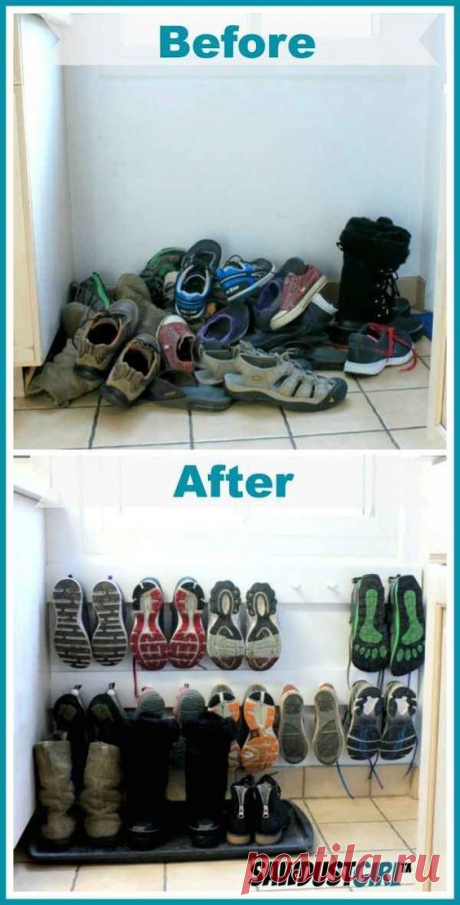 A coat rack hung low on the wall makes a space-saving shoe rack. And many other awesome diy home organization ideas! | DIY,&lt;3