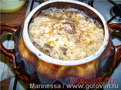 Мясо с грибами и сыром в горшочках / Готовим.РУ