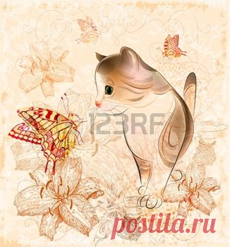 Ретро открытки день рождения с тайского котенка смотреть на бабочку. Акварель стиль. Клипарты, векторы, и Набор Иллюстраций Без Оплаты Отчислений. Image 10752261.