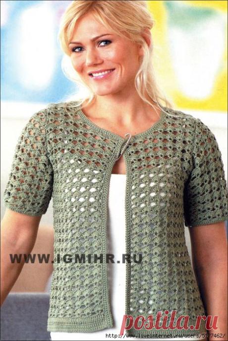 Ажурный жакет цвета хаки. Крючок