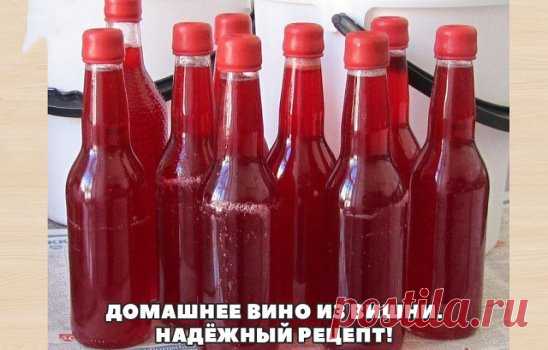 Домашнее вино из вишни. Надёжный рецепт! 
Вишня — 3 кг 
Сахар — 250-300 г на каждый литр жидкости 
Вода — 4 л 
Для того чтобы ягода забродила, необходимы дрожжи. 
Есть 3 варианта получения брожения: 
1. Довериться диким дрожжам на поверхности ягод, т.е. использовать не мытую ягоду. 
2. Использовать в качестве источника диких дрожжей изюм. 
3. Использовать винные дрожжи (не пекарские!) 
Классический рецепт домашнего вина, без учёта всех нюансов, т.е. подразумевая идеальное ...