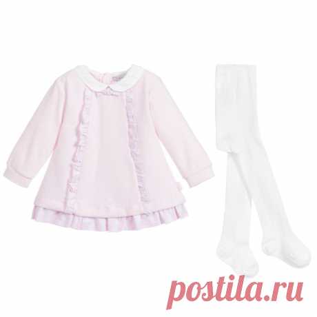 Pink Velour Dress & Tights Set In a lovely shade of pale pink, a dress and tight set by Tutto Piccolo, made from soft cotton velour. The adorable little dress has a white cotton collar and pretty pink and white gingham trims. Matching, soft and stretchy white cotton tights are include, with pink logos on the feet.
