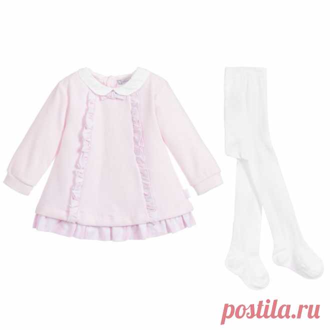 Pink Velour Dress & Tights Set In a lovely shade of pale pink, a dress and tight set by Tutto Piccolo, made from soft cotton velour. The adorable little dress has a white cotton collar and pretty pink and white gingham trims. Matching, soft and stretchy white cotton tights are include, with pink logos on the feet.
