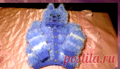 (1787) Кофта Котенок (Кот, Кошечка) с капюшоном вязание спицами Подарок Своими Руками - YouTube