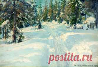 Кнудсен Петер(1868-1944) - "Зимняя дорога в лесу" - Купить антиквариат, продажа старинного антиквариата – антикварная галерея «Кентавр»