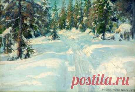 Кнудсен Петер(1868-1944) - &quot;Зимняя дорога в лесу&quot; - Купить антиквариат, продажа старинного антиквариата – антикварная галерея «Кентавр»