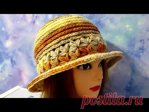 КРАСИВАЯ ШЛЯПКА с отделкой крючком.  Шляпа на весну, подробное видео для начинающих.