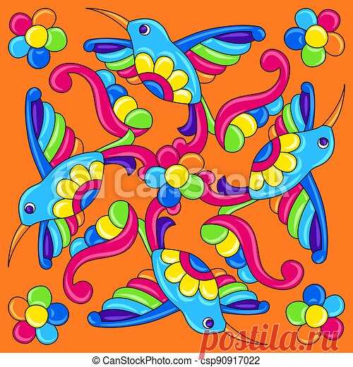 Mexican talavera ceramic tile pattern with tropical hummingbirds. traditional decorative objects. ethnic folk ornament.