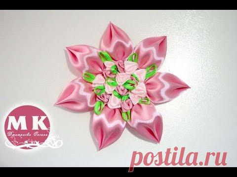 Мастер-класс Канзаши.Цветок из атласных лент c объемными лепестками/DIY.Tutorial.Kanzashi flower.