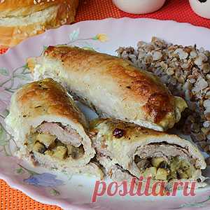Свиные рулетики с грибами, запечённые в духовке со сливками