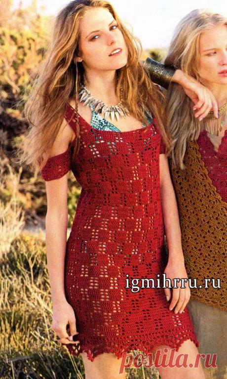 Летнее бордовое платье с приспущенными мини-рукавами. Вязание крючком